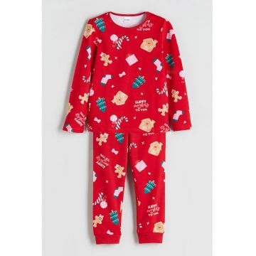 Pijama cu decolteu la baza gatului si imprimeu grafic - Rosu/Albastru petrol/Bej deschis