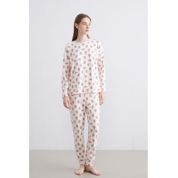 Pijama cu imprimeu grafic - Alb fildes/Maro deschis