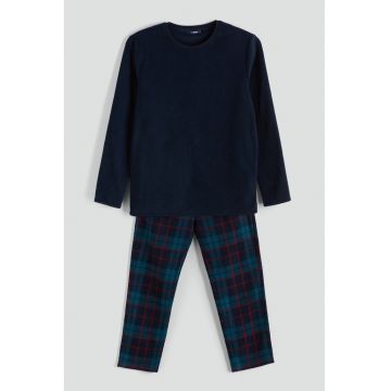 Pijama cu maneci lungi si aspect de catifea - Rosu vermillion/Albastru