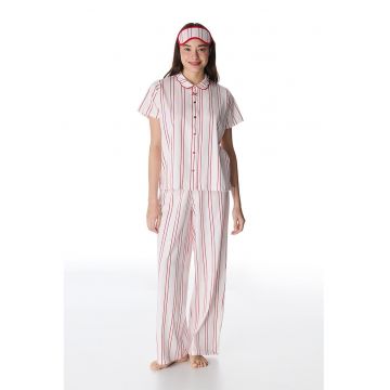 Pijama cu model in dungi si maneci scurte - Rosu/Alb murdar