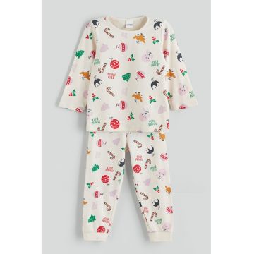 Pijama cu pantaloni lungi din bumbac si model tematic de Craciun - Verde/Violet deschis/Crem