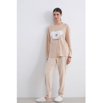 Pijama cu pantaloni lungi si aspect de catifea - Alb/Bej