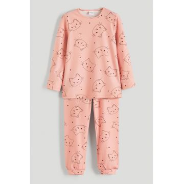 Pijama cu pantaloni lungi si model pisica - Roz