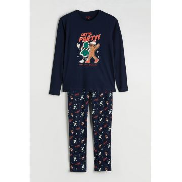 Pijama de bumbac cu imprimeu - Bleumarin