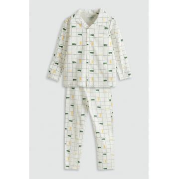 Pijama de bumbac cu imprimeu si nasturi - Verde aquamarin/Alb murdar
