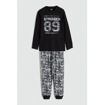 Pijama de bumbac cu imprimeu - Alb/Negru/Gri inchis