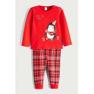 Pijama de bumbac cu tematica de Craciun - Rosu vermillion