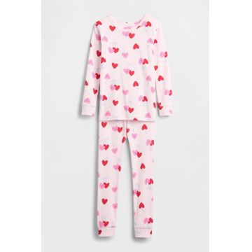 Pijama de bumbac organic cu inimi - Rosu vermillion/Roz pal