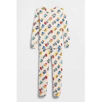 Pijama de bumbac organic cu masini - Rosu vermillion/Albastru deschis/Bej deschis