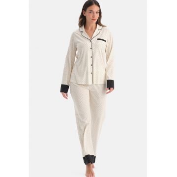 Pijama din amestec de modal cu buline - Alb fildes/Negru