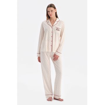 Pijama din amestec de modal cu buline - Crem