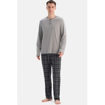 Pijama din amestec de modal cu decolteu henley - Negru/Gri