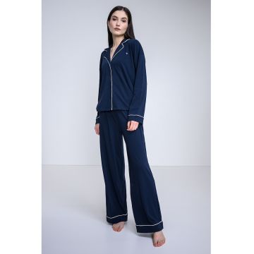 Pijama din amestec de modal si bumbac organic cu pantaloni lungi - Bleumarin