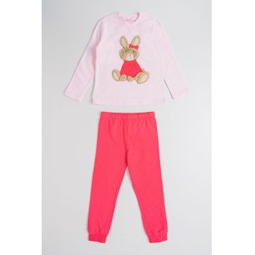 Pijama din bumbac cu imprimeu grafic frontal - Coral/Lila