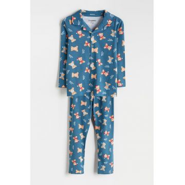 Pijama din bumbac cu model cu ursulet - Bej/Albastru petrol