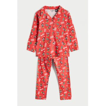 Pijama din bumbac cu model tematic de Craciun - Rosu