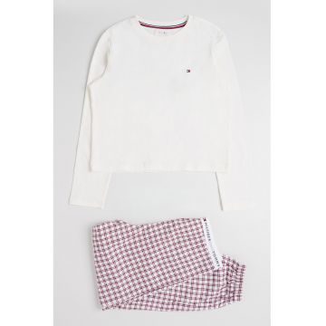 Pijama din bumbac cu pantaloni cu model in carouri - Alb/Visiniu