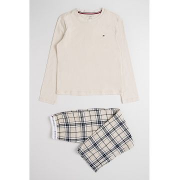 Pijama din bumbac cu pantaloni in carouri - Alb fildes/Negru