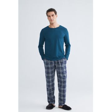 Pijama din bumbac cu pantaloni lungi si model in carouri - Albastru prafuit/Albastru petrol