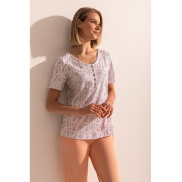 Pijama din bumbac cu pantaloni scurti si imprimeu - Alb/Portocaliu pal