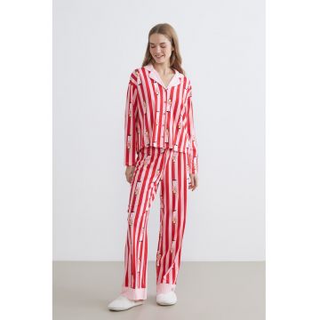 Pijama din bumbac cu tematica de Craciun - Rosu/Roz