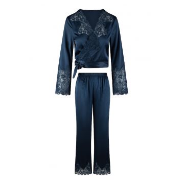 Pijama din satin cu bluza cu maneci lungi - Bleumarin