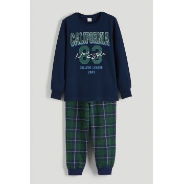Pijama in carouri cu pantaloni lungi - Alb/Verde englez/Bleumarin