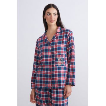 Pijama in carouri cu pantaloni lungi - Alb/Rosu inchis/Bleumarin
