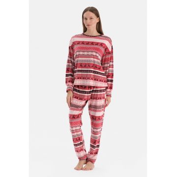 Pijama lejera cu model de Craciun - Rosu/Roz