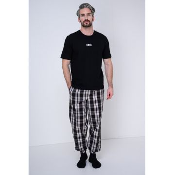 Pijama de bumbac cu imprimeu logo si carouri - Alb/Maro/Negru