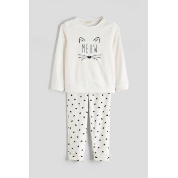 Pijama lunga cu imprimeu grafic - Alb fildes/Negru