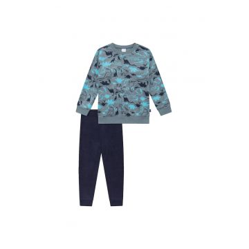 Pijama lunga cu imprimeu grafic - Gri/Albastru