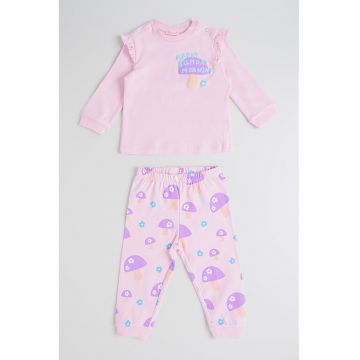Pijama lunga cu model cu ciuperci - Violet/Roz pastel/Piersica