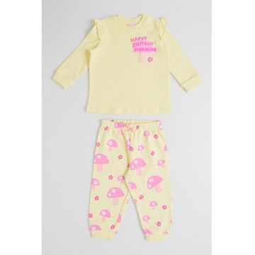 Pijama lunga cu model cu ciuperci - Galben pal
