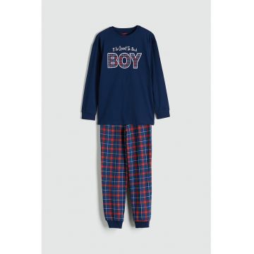 Pijama lunga cu model in carouri - Albastru inchis