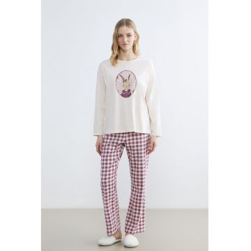Pijama lunga de bumbac cu imprimeu - Rosu/Alb