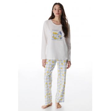 Pijama lunga din amestec de bumbac cu imprimeu - Alb/Galben/Albastru