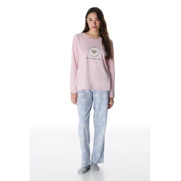 Pijama lunga din bumbac cu imprimeu - Lila/Albastru deschis