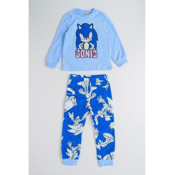 Pijama lunga din bumbac cu model Sonic - Albastru pastel/Albastru inchis/Alb murdar