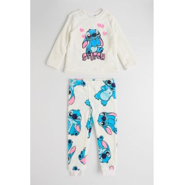Pijama lunga din material teddy cu model cu Stitch - Alb/Roz pastel/Albastru deschis