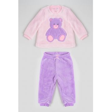 Pijama lunga din material teddy - Roz pastel/Lila