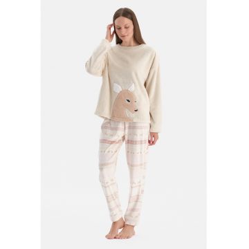 Pijama texturata cu model de Craciun - Bej deschis