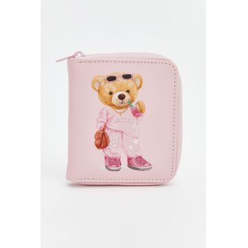 Portofel cu fermoar si imprimeu cu ursulet - Roz deschis