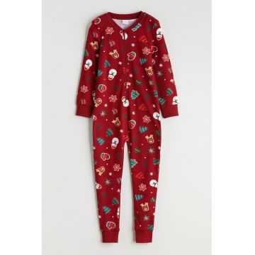 Salopeta de pijama cu model tematic de Craciun - Alb/Rosu inchis/Verde persan