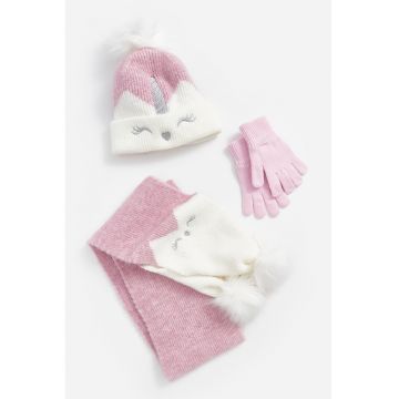 Set de caciula elastica si manusi tricotate cu design unicorn - Roz pastel/Alb murdar