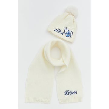 Set de caciula si manusi cu imprimeu Stitch - Albastru inchis/Galben pal