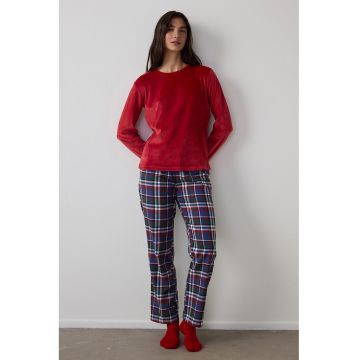 Set de pijama cu maneci lungi - Rosu/Albastru inchis/Verde englez