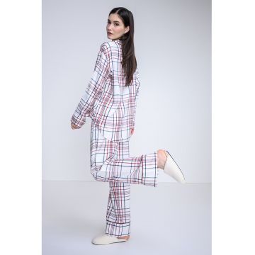 Set de pijama cu pantaloni lungi - model in carouri si papuci - Visiniu/Albastru inchis/Alb murdar