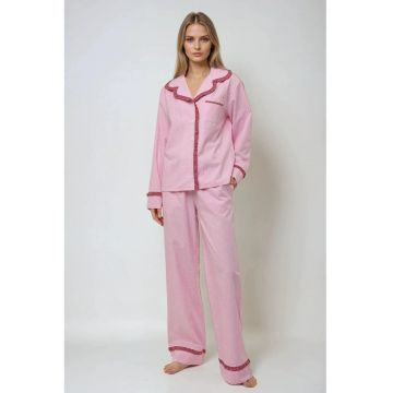 Set pijamale dama  carouri - guler camasa - roz - bumbac si poliester