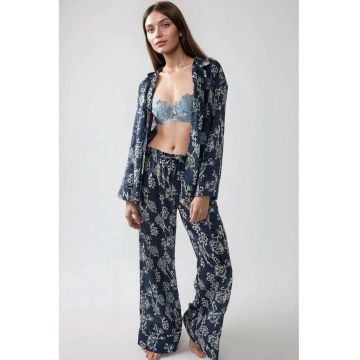 Set pijamale dama -  satin imprimat - guler elegant - albastru